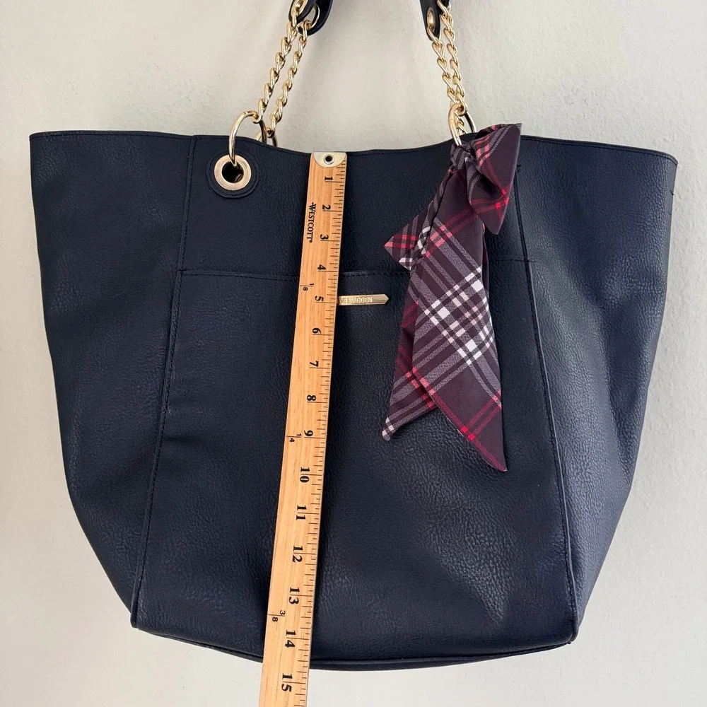 Steve Madden Black Faux Leather Tote Bag Gold Chain Straps Plaid Scarf Vegan